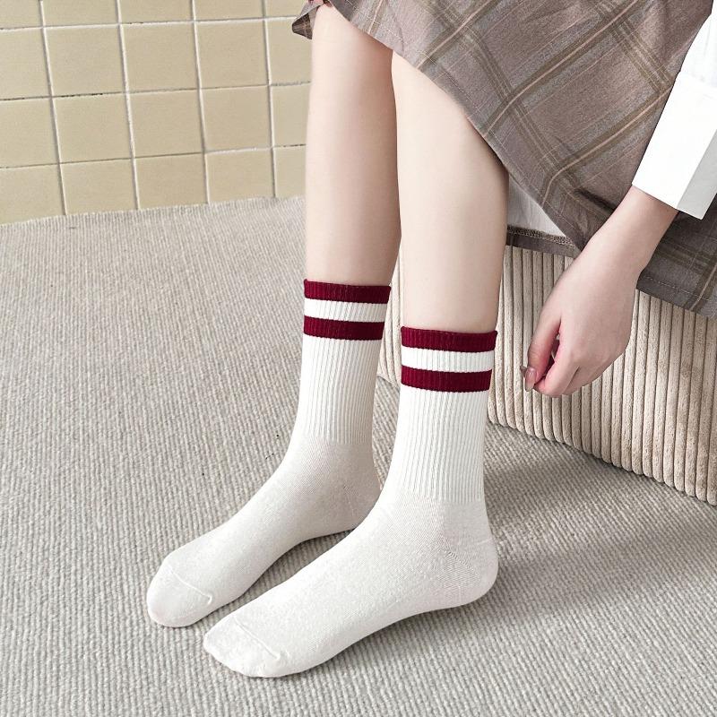 Women's Ankela Red Striped Mid-calf Socks Trendy Combed Cotton Long Calf Socks