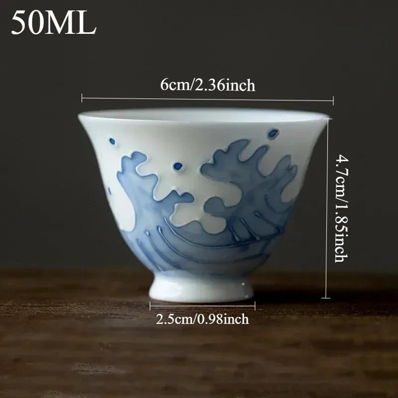 

1 Pc Chinese Handmade Ceramic Teacup Travel Personal Meditation Cup Hand Painted Wave Porcelain Tea Bowl Household Tea Set 6x4.7cm 50ml