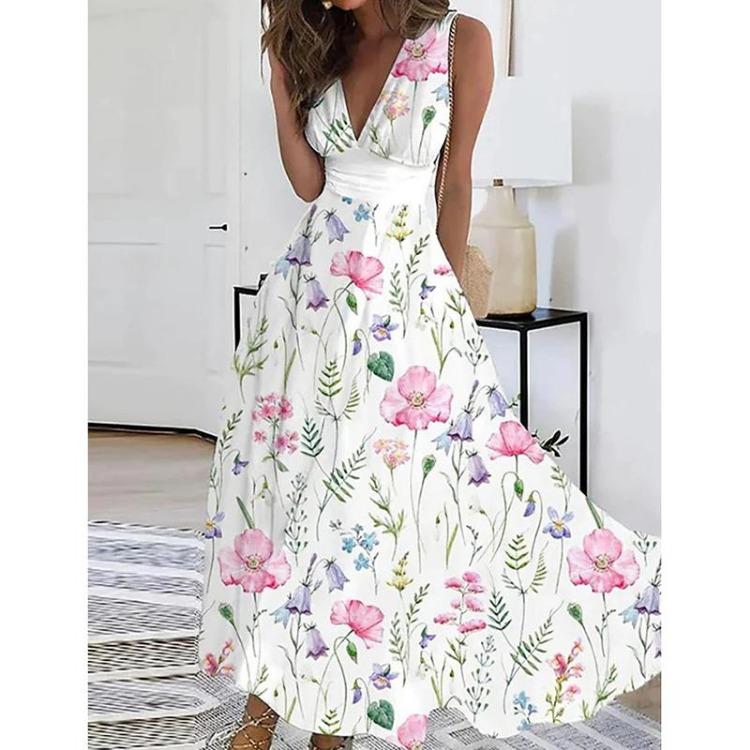 Women's Plus Size Boho Beach Maxi Dress Summer Floral V Neck Vest Dress