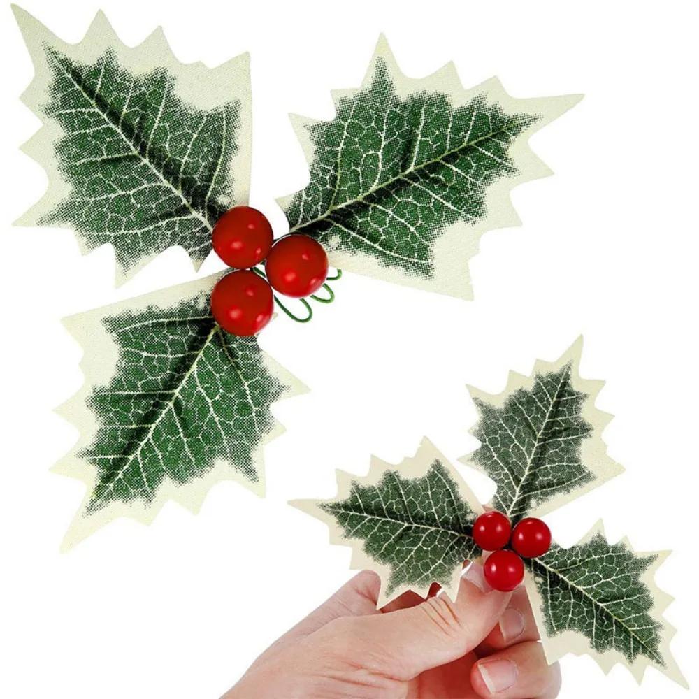 20Pcs DIY Christmas Holly Leaves Plastic Fake Flowers Red Berries Flower with Green Leaves Artificial Wreath Ornaments