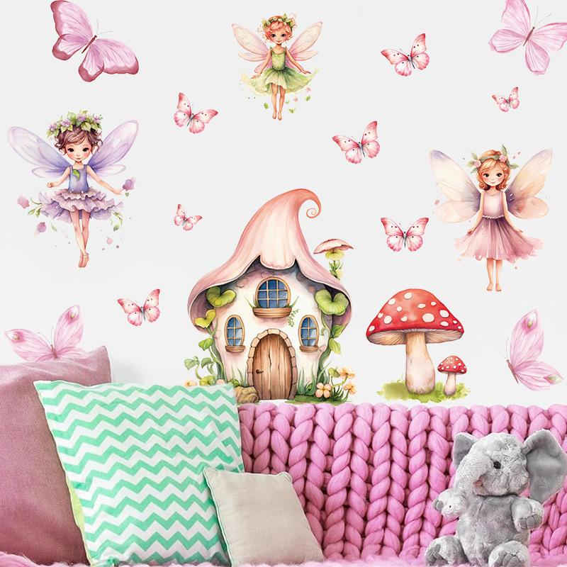 Cute Mushroom Fairy Wall Sticker for Kids Room Girls Bedroom, Watercolor Butterfly Floral Wall Decal, Fairy Tale Nature Wall Art Decor for Nursery