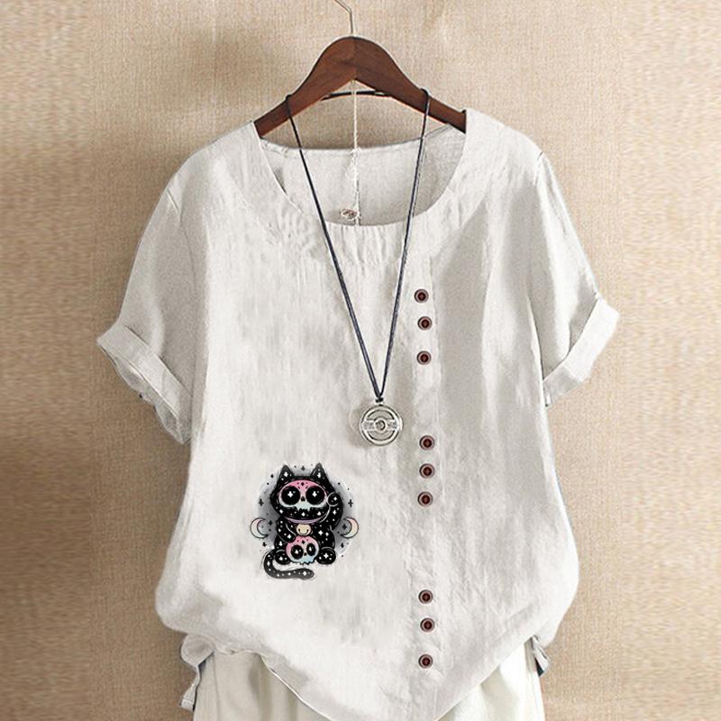 Women's Fashion Round Neck Short Sleeve T-shirt Casual Cotton Linen Graphic Shirt Cartoon Characters Prined Summer Blouse Tops Plus Size