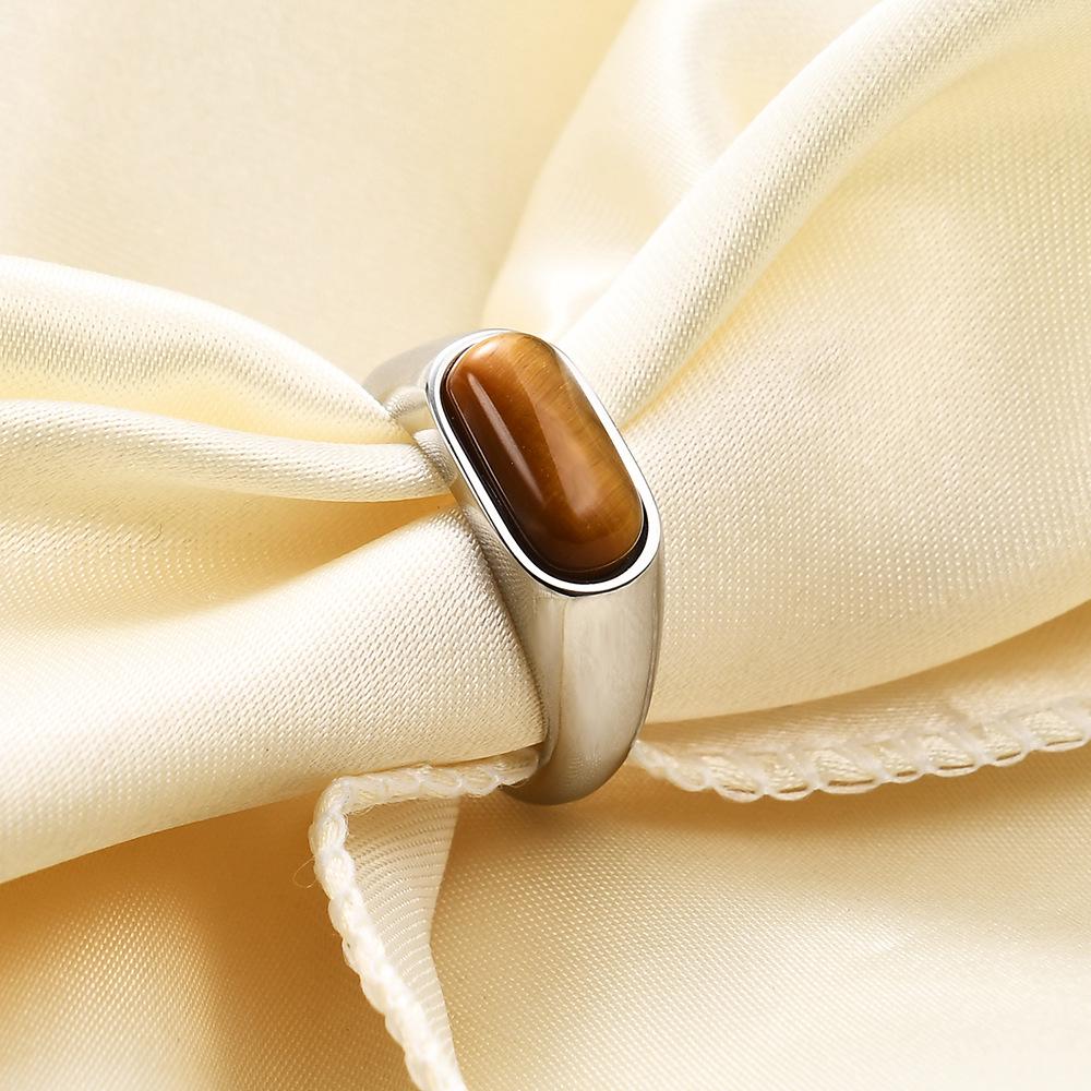 European and American 8MM Stainless Steel Ring with Inlaid Natural Stone - Versatile Retro Fashion Finger Ring