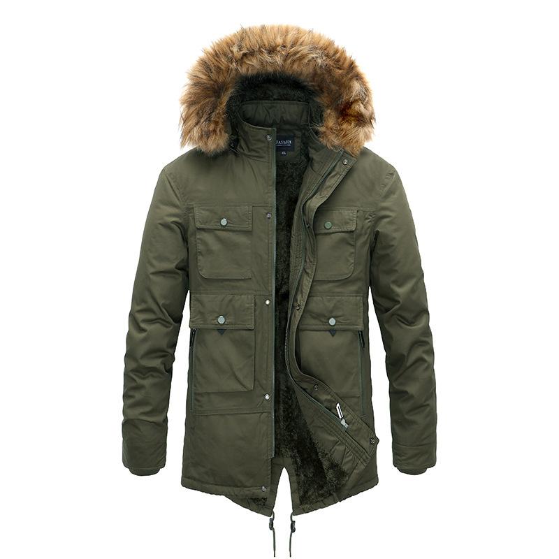 Winter Solid Color Velvet Mid-length Men's Washed Cotton Coat with Hooded Fur Collar and Detachable Multi-pocket Cotton Coat