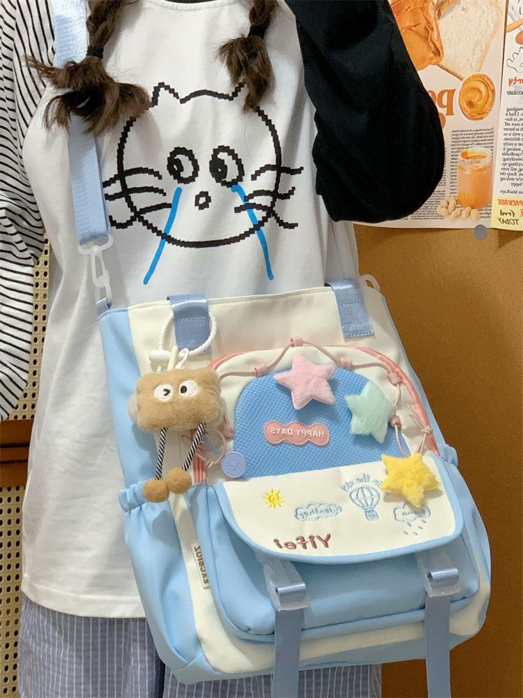 School Bag Cute Contrasting Color Small Fresh Messenger Bag Japanese College Style Sweet Large Capacity Tote Bag Student Class Tutoring Bag