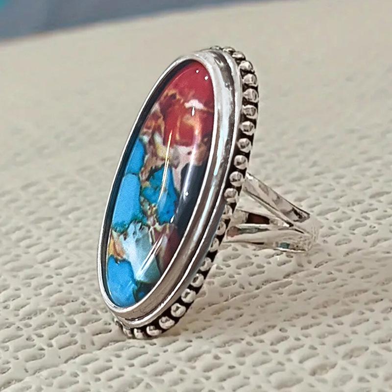 Long oval noble noble finger wrench, European and American style colored marble texture, niche ring