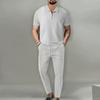 Mens Waffle Fabric Half Zip Collar Short Sleeve Top And Long Pants Casual Sports Set