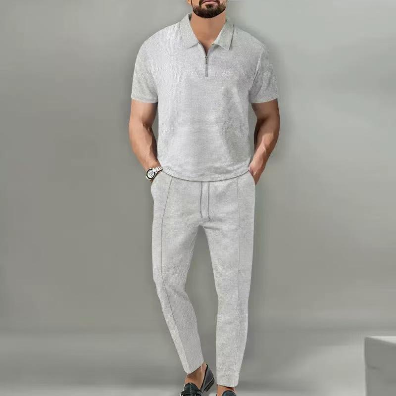 Mens Waffle Fabric Half Zip Collar Short Sleeve Top And Long Pants Casual Sports Set