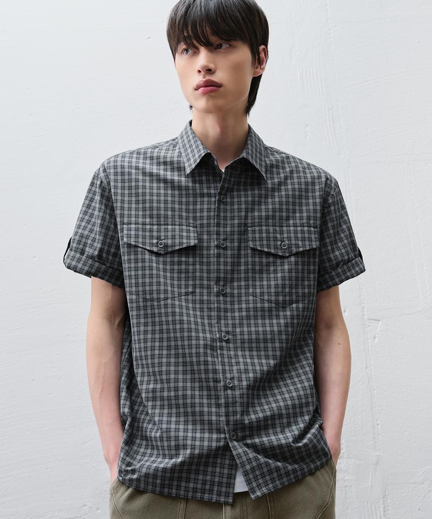 DRAW FIT Lark Roll-Up Check Half Shirt [Blue Grey]