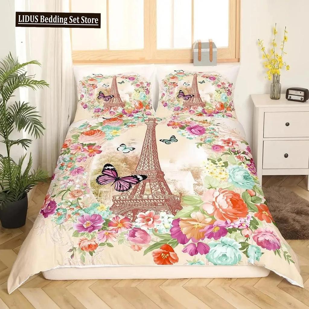 Comforter Valentine Day King Queen Paris Eiffel Tower Bedding Set Pink Watercolor Tulips Flowers Balloon Polyester