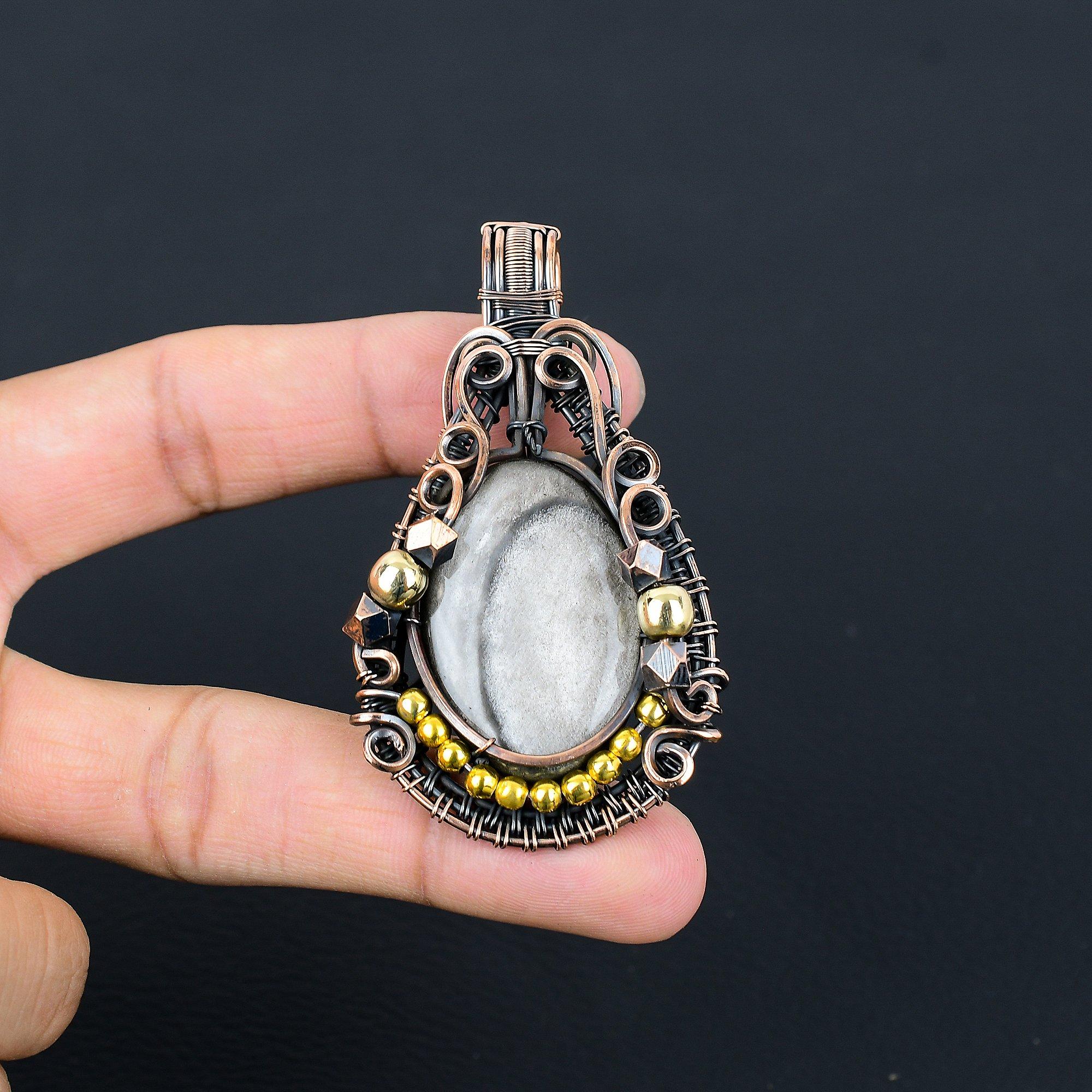 

Silver Sheen Obsidian Pendant, 999 Copper Wire Wrapped Pendant Handmade Gemstone Jewelry, Gifts For Wife Brand New Pendant 2.55 Inches