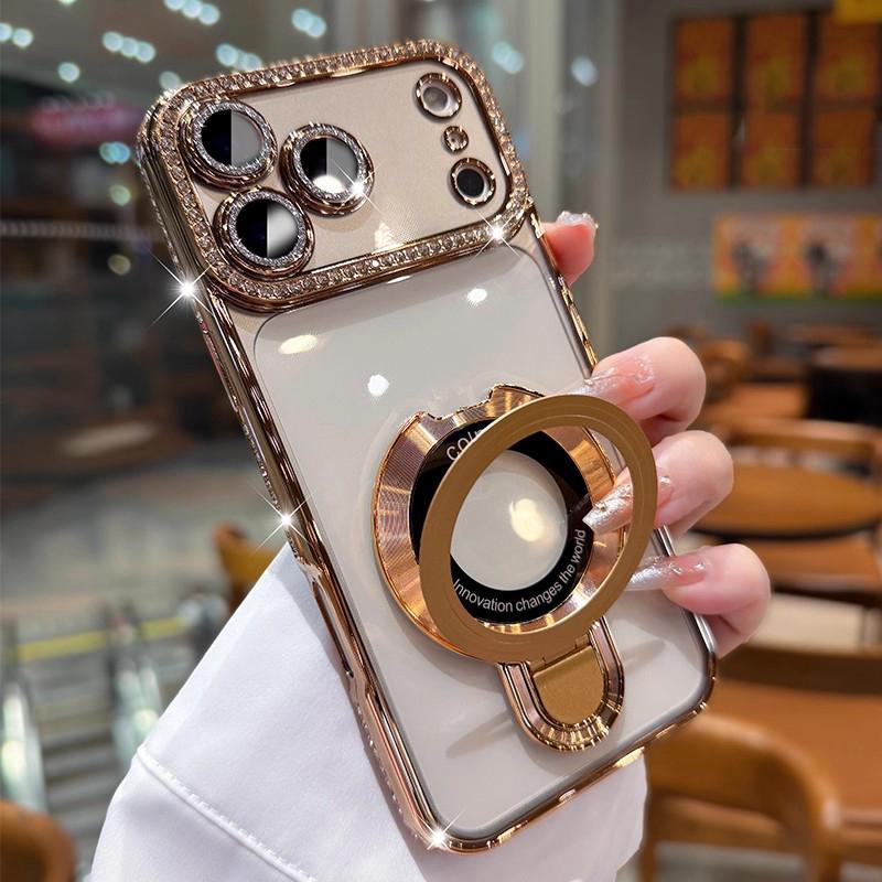 Luxury Glitter Diamond Magnetic Phone Case For 15 16 14 Plus 13 12 11 17 Pro Max Air With Holder Stand For Magsafe Cover