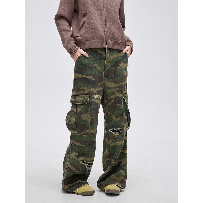 Black of Exit American Street Style Distressed Camouflage Patchwork Straight-Leg Cargo Pants Trendy Casual Pants for Men