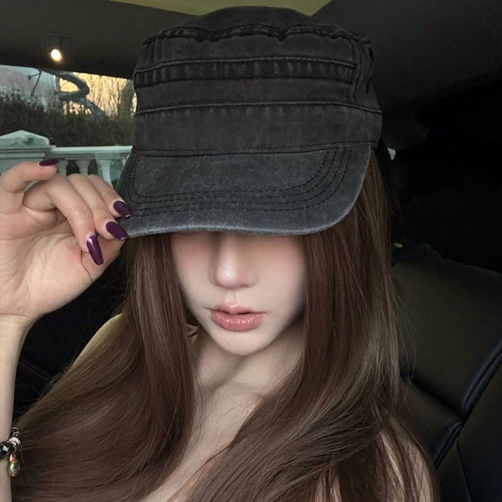 Y2k Flat Top Hat Washed Cotton Visor Hat Casual Cadet Cap  Unisex