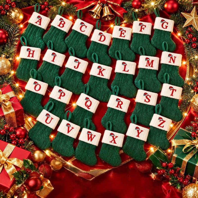 1 Stück Monogramm Gestrickte Socken Grün A-Z Buchstabe Hängende Weihnachtsstrümpfe Kamin Weihnachtsbaum Hängend Party Dekoration