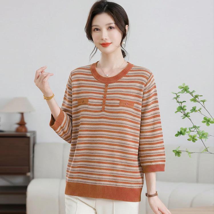 Elegant Korean-Style Striped Knitwear T-Shirt for Women, Plus Size, Loose Fit, Five-Sleeve, Perfect for Middle-Aged & Elderly, Spring Wear.