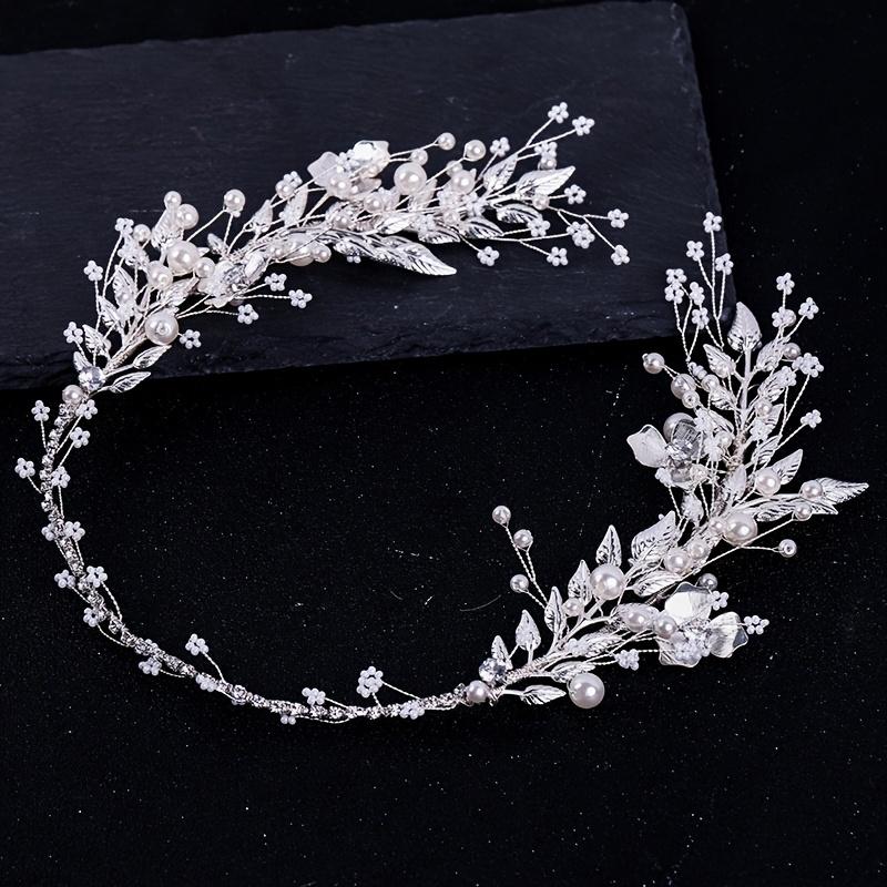 Silver Color Leaf Pearl Headband Tiara For Bridal Hair Accessories Wedding Hair Band Crystal Pearl Tiaras and Brides Headpieces