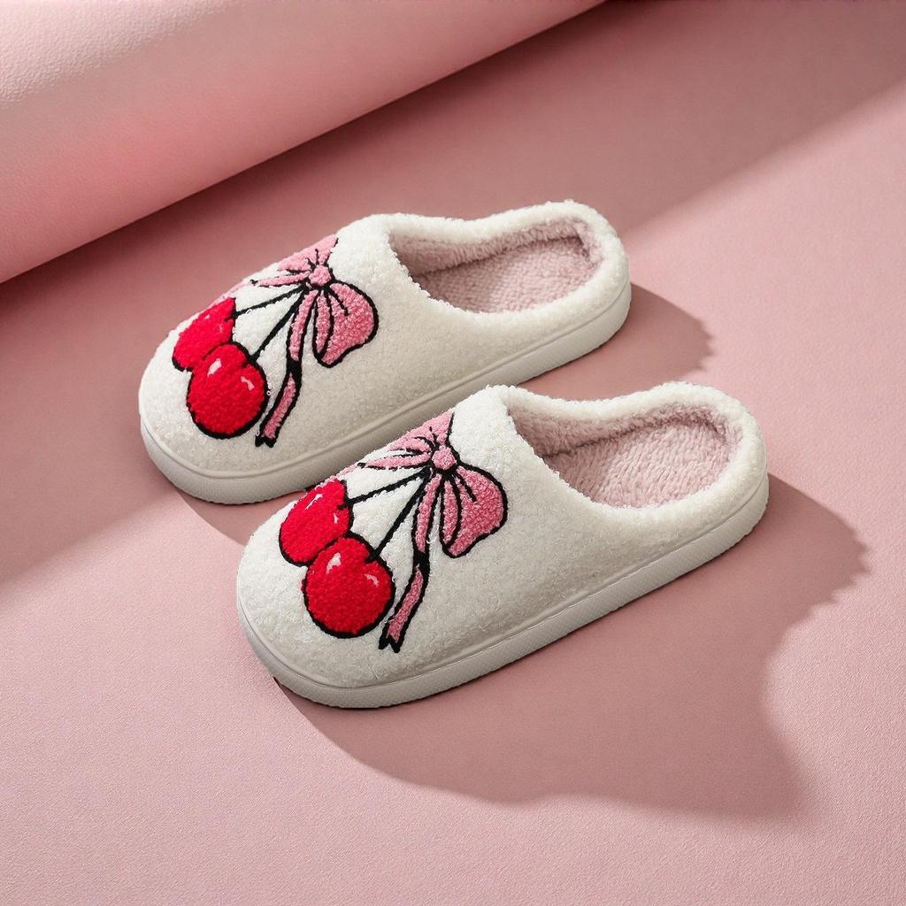 Cute Cartoon Smiley Face Christmas Hat & Tree Strawberry Cotton Slippers, Cozy & Warm Couple Style.