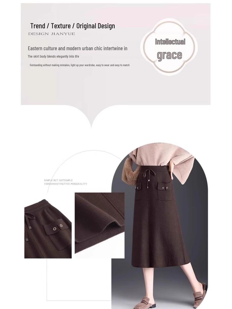 Autumn/Winter 2025 Black High-Waist Wool Knit Midi Skirt with Pockets