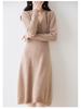 Women's Extra-Long V-Neck 100% Wool Knitted Dress with Thickened Waist-Cinching Skirt - Autumn/Winter Collection