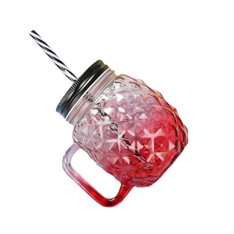 Creative Mason Cup Gradient Glass Drink Pineapple Water Cup with Lid Straw Cup Handle Cup