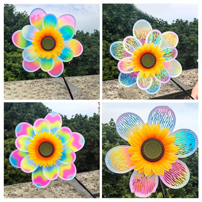 1 Piece Colorful Film Double-Layer Sunflower Windmill Rotating Sunflower Wind Spinner Stake Standing Lawn Flower Pinwheel