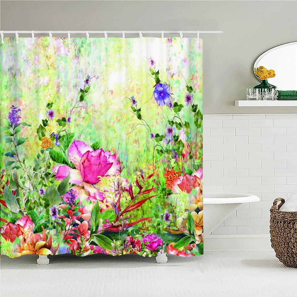 Romantic Retro Blooming Flowers Shower Curtain Garden Bath Curtains Waterproof Polyester Bathroom Shower Curtains Set with Hooks