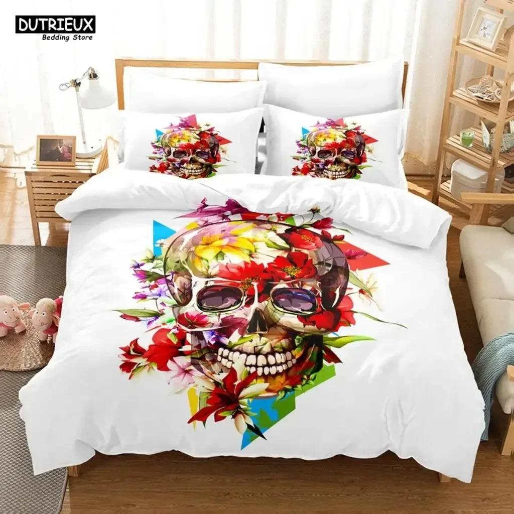 Skeleton Skull Bedding Set Queen King Full Size Duvet Cover Set With Pillowcases Rose Flower Bed Linen For Adults Teens