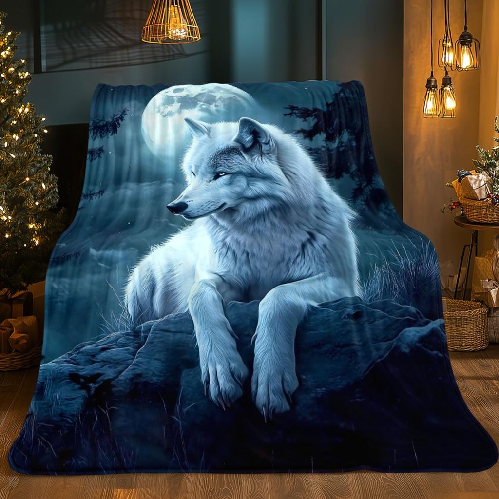 White Wolf Moon Night Flannel Blanket Soft Warm Animal Print Throw Blanket for Couch Bedroom Decor Cozy Home Textile Art Gift