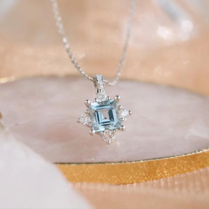 

S925 Sterling Silver Aquamarine & Topaz Necklace - Four-Prong Clavicle Chain with French Style for Women, 2021 Design