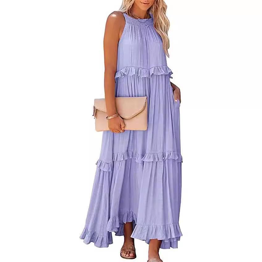 Women's Sleeveless Halter Neck Tiered Maxi Dress Ruffle Hem Loose Flowy Summer Casual Long Dress With Pockets