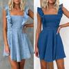 Damskie letnie sukienki dżinsowe Casual Ruffles Spaghetti Paski Denim Mini sukienka bez pleców