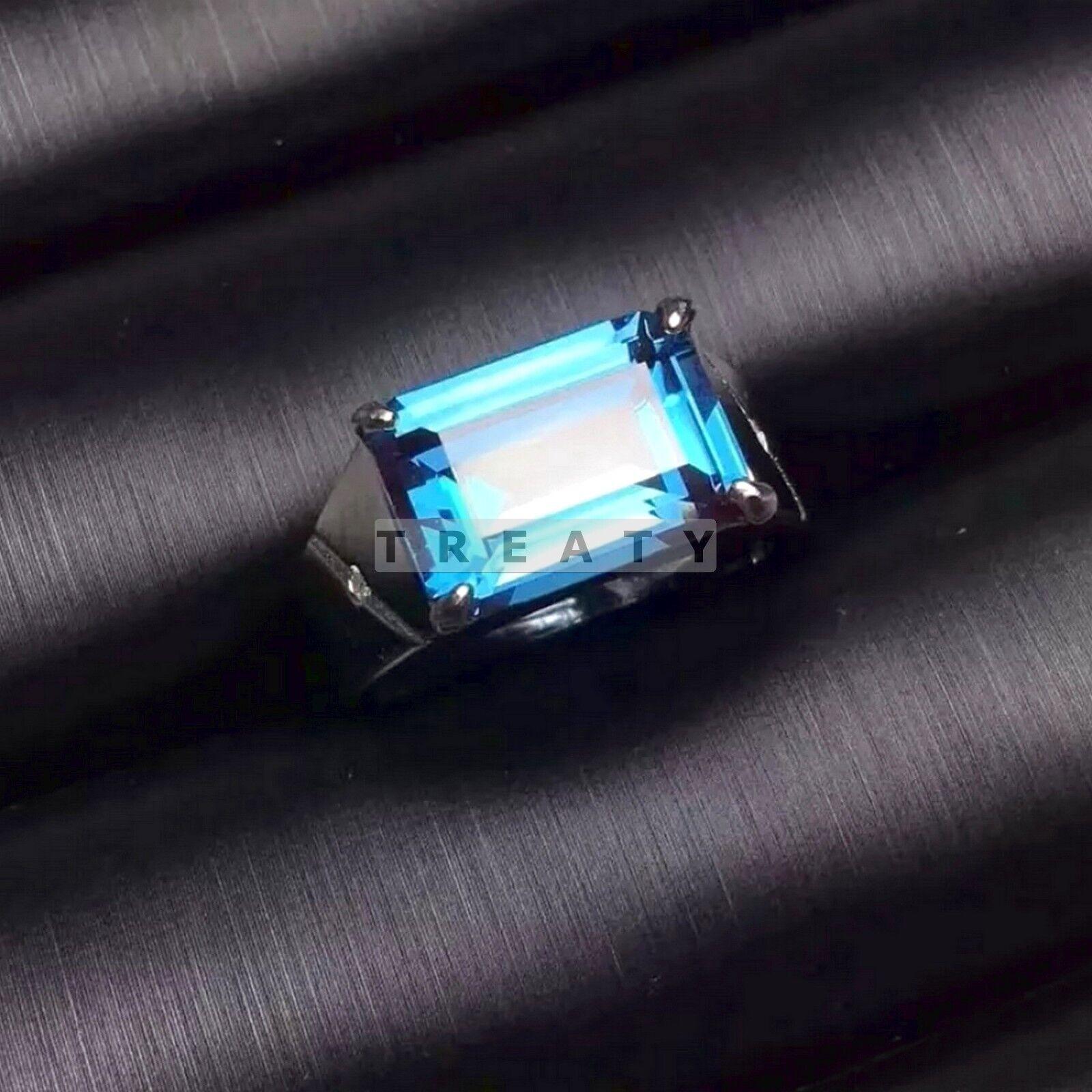 

Blue Topaz Emerald Cut Gemstone With 925 Sterling Silver Ring For Men s #39 JL375718214135 4-16 US срібний