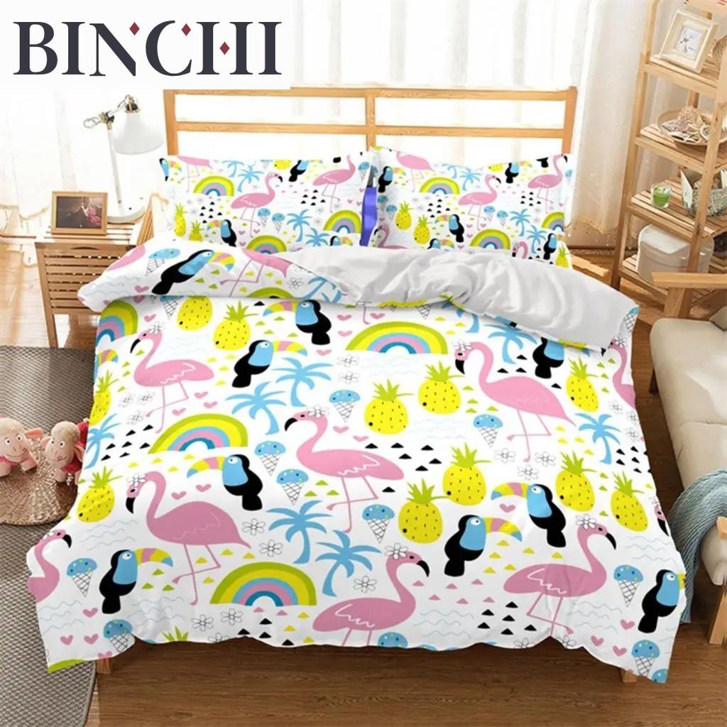 Soft Flamingo 3D Print Bedding Set Fresh Style Cartoon Animals Green Leaves Tropical Fruit Floral D