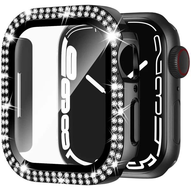 

Чехол Diamond PC с закаленным стеклом для Apple Watch Series SE 9 7 6 8 5 4 3 2 1 Женские аксессуары Чехол+Защитная пленка для экрана для iWatch 41 мм 45 мм 44/40 мм 38mm for apple watch чёрный