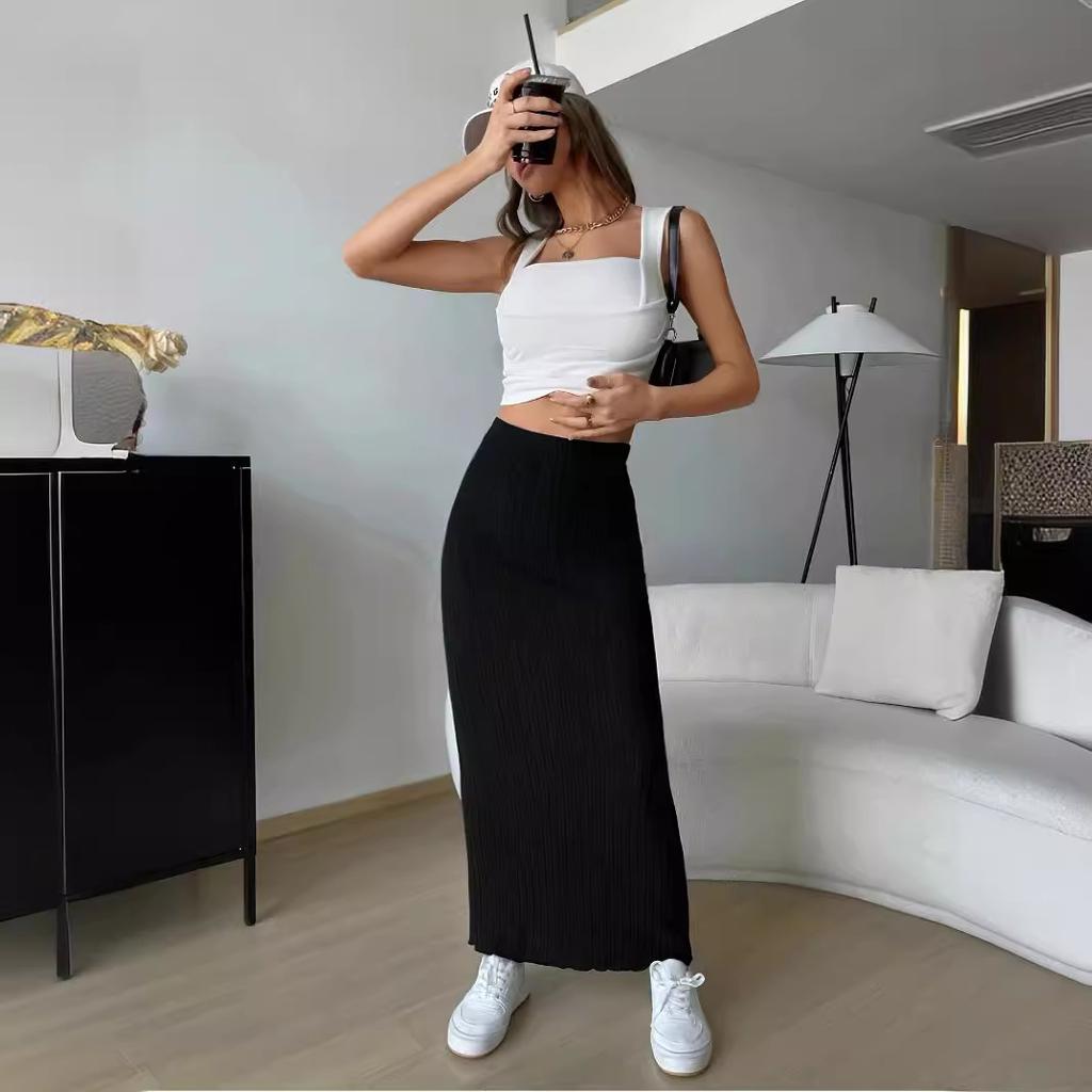 Women's High Waist Midi Skirt Pencil Skirt Stretch Ribbed Knit Bodycon Long Skirt