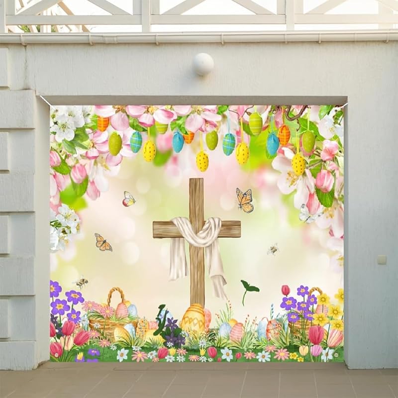 7x16ft Happy Easter Garage Door Cover Jesus Resurrection Backdrop Spring Easter Eggs Cross Garage Banner Photo Backdrop Easter Decor Church Easter