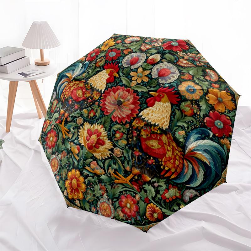 0106 Floral Chicken & Dinosaur  pattern, automatic folding umbrella, portable and foldable design, 8 ribs, a Christmas or birthday gift.