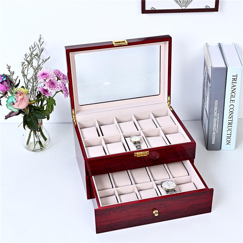 Red Sandalwood Clock & Watch Painted Wooden Box - Double-Layer 2-Position Jewelry & Watch Storage Box
