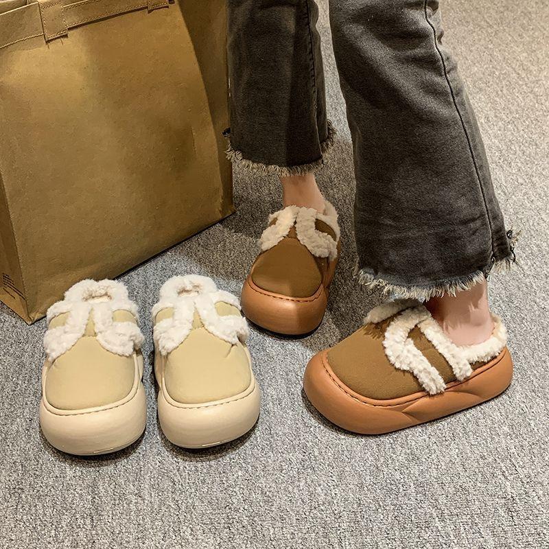 Mode och mångsidig, utländsk stil, halkfria och varma, tjocksulad väskhuvud, fluffiga tofflor för dam 2025 vinterns explosion, bomullsskor för dam
