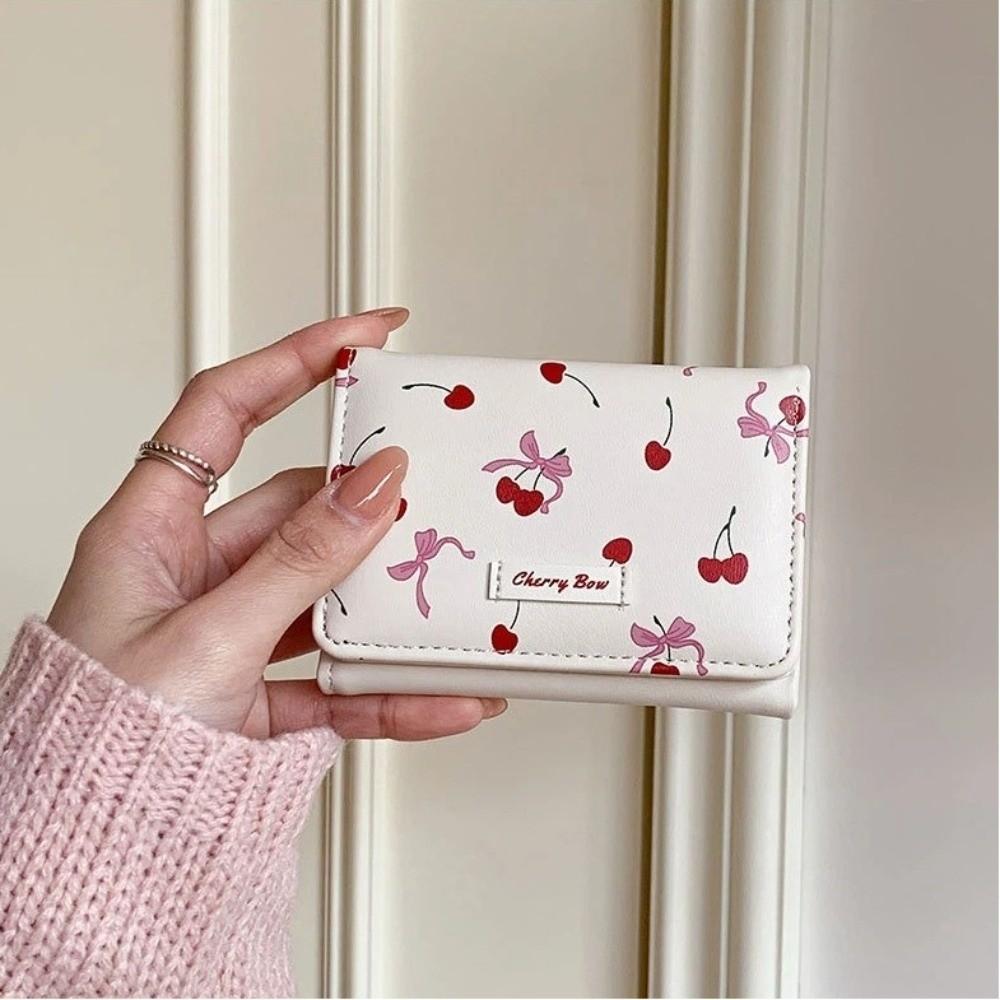 New Cherry Bow Printing Bow Printing Coin Purse Tri-fold Multi-Slot Credit Card Holder PU Leather Short Wallet Women