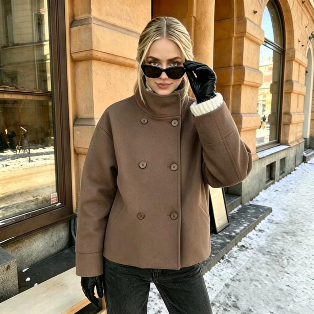 Damen Wollmantel mit Stehkragen, langen Ärmeln, lockerem Schnitt, lässige zweireihige Jacke mit Knopfleiste