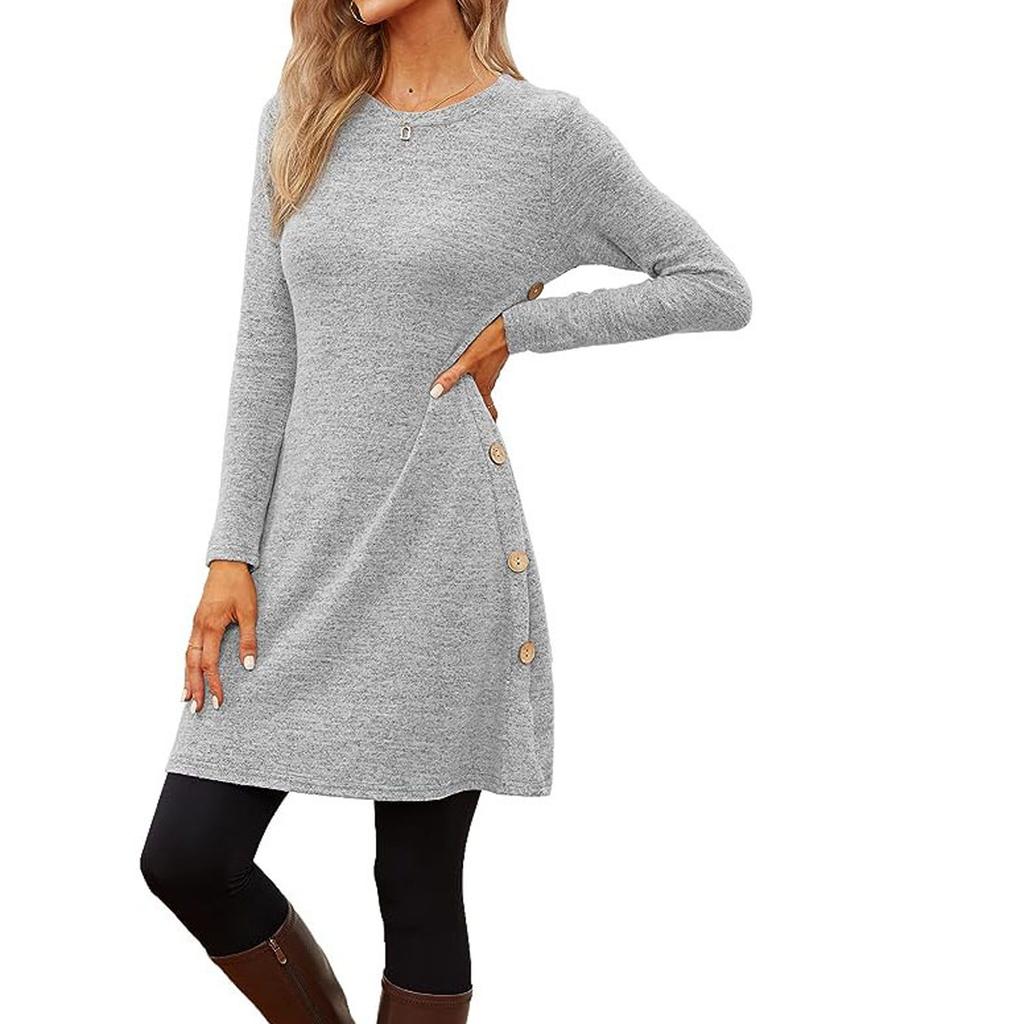 Women's Casual Round Neck Hem Slit Long Sleeve Dress