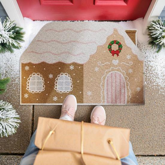 Christmas Entrance Rug Gingerbread House Floor Mat Dirt Scrubber Washable Vintage Holiday Doormat with Non-Slip Backing for Front Door Entryway Porch