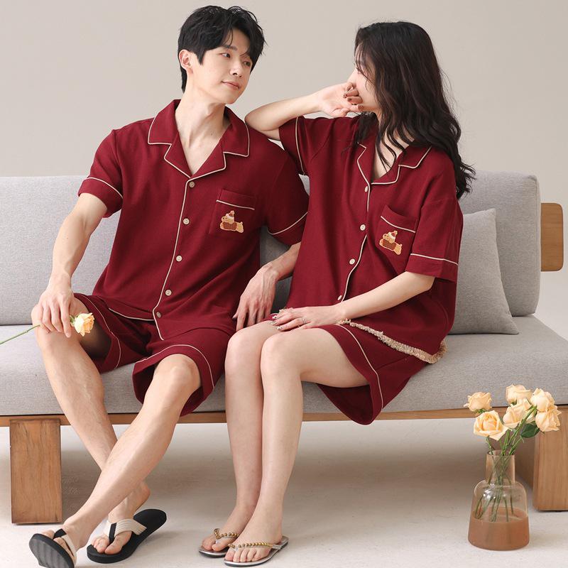 Red Cotton Anti-bacterial Year of the Rat Couple Pajama Set - Short Sleeve, Shorts & Cardigan for Newlyweds