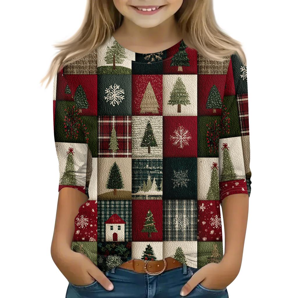 Christmas Day Print Tops For Youth Girls 4-11 Years Round Neck 3/4 Sleeves T-Shirts Trendy Tops Outfit Tees