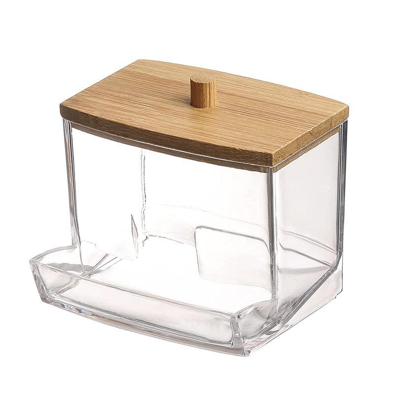 Cotton Swab Dispenser with Bamboo Lid Double Head Cotton Swabs Container Transparent Square Cotton Buds Toothpick Organizer