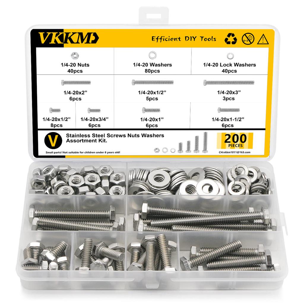 200Pcs British Hexagon Stainless Steel Bolt, Nut, and Washer Combination Set