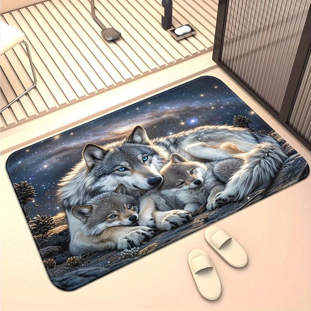 Tappetino Artistico Famiglia di Lupi - Tappeto Animale Selvatico per Corridoio, Camera da Letto e Soggiorno, Tappeto Decorativo Antiscivolo Lavabile in Lavatrice