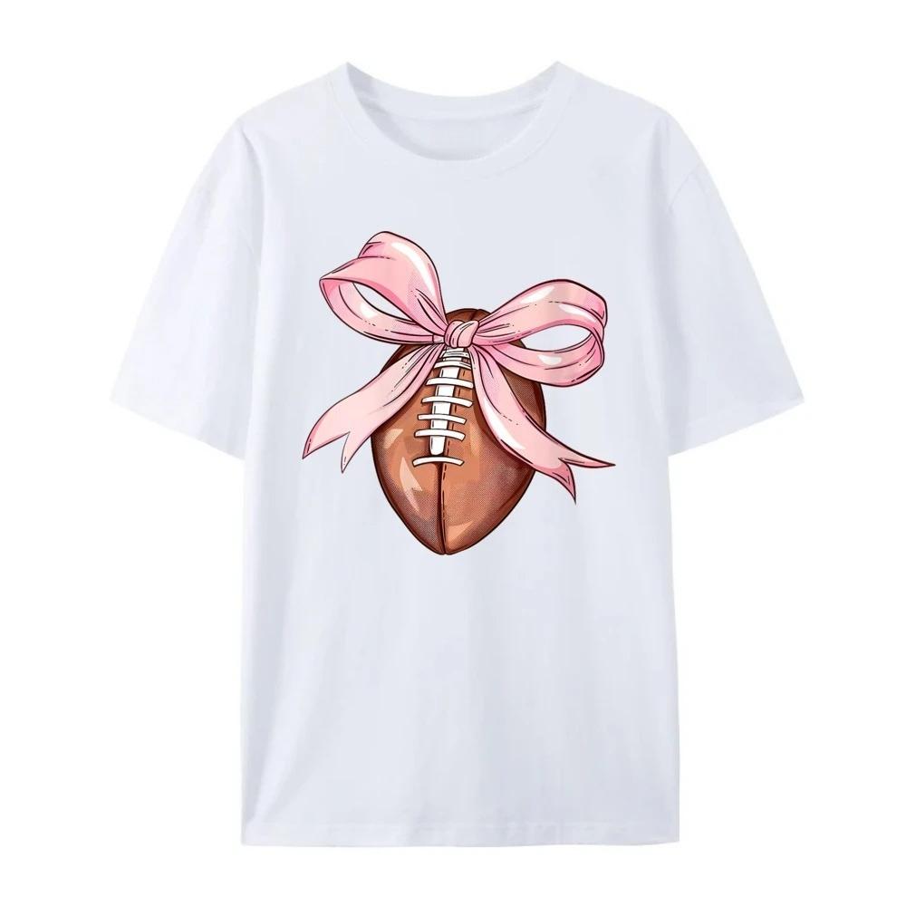 

Cute American bow football print pattern fashionable and casual short sleeved round neck Womens daily Tshirt 4XL